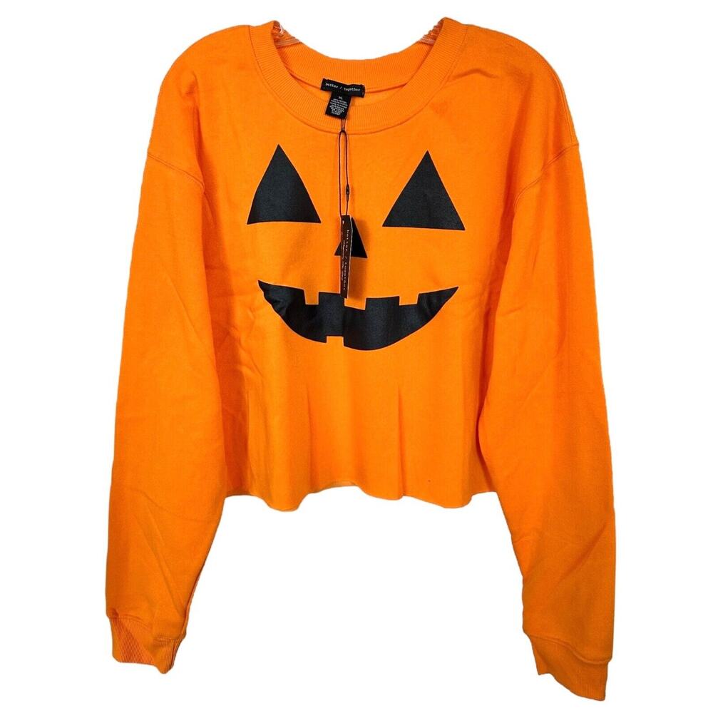 Better Together Junior's Halloween Pumpkin Funny Cropped Pullover Size XL Orange